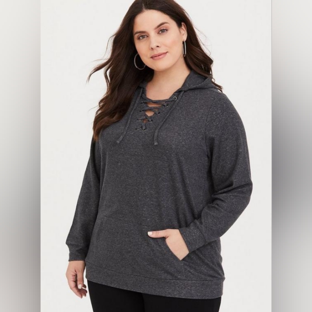 Torrid Grey Crisscross Hooded Sweater Size 1X